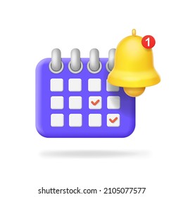 Activar icono de notificación de recordatorio. Calendario con timbre y símbolo de alerta. 3d que recuerda el vector de concepto.