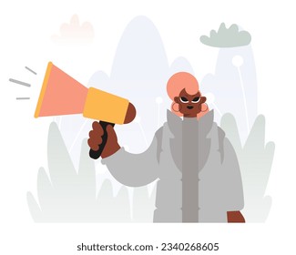 Habilitando voces en activismo, Enérgica dama con bullhorn, oponerse a este mitin de ideas Asunto. Estilo de moda, Ilustración vectorial