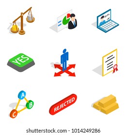 Enactment icons set. Isometric set of 9 enactment vector icons for web isolated on white background