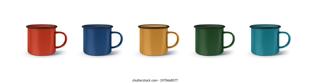 Enamel 3d photo realistic metal colorful mugs set isolated on white background. Mug mockup colored template. Vector mock up illustration.