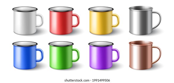 Enamel 3d realistic metal cups set. Colorful metallic mugs isolated on white background. Mockup template of bright steel cups for branding. Vector illustration