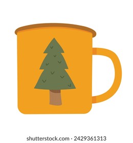 Taza de camping esmaltado. Ilustración vectorial de estilo plano, aislado sobre fondo blanco.