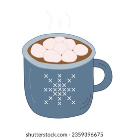 Enamel cup with hot chocolate and marshmallow with cross-stitch snowflake print, flat vector