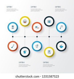 Enamel icons colored line set with water crane, stomatology tool, medical report and other mortar elements. Isolated vector illustration enamel icons.