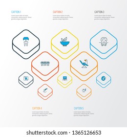 Enamel icons colored line set with braces, anesthesia, healthy food and other syringe elements. Isolated vector illustration enamel icons.