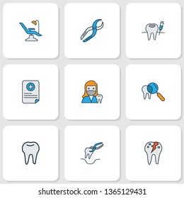 Enamel icons colored line set with dentist woman, cracked tooth, inspect tooth and other magnifying elements. Isolated vector illustration enamel icons.