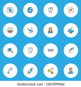 Enamel icons colored line set with hole in tooth, healthy food, braces and other removal elements. Isolated vector illustration enamel icons.
