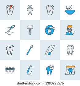 Enamel icons colored line set with dental fillings, doctor, tooth floss and other implantation elements. Isolated vector illustration enamel icons.