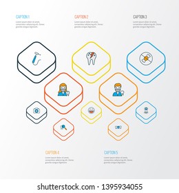 Enamel icons colored line set with cracked tooth, medicine, doctor and other stomatology tool elements. Isolated vector illustration enamel icons.