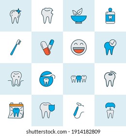 Enamel icons colored line set with dental crown, pills, clean tooth and other mortar elements. Isolated vector illustration enamel icons.