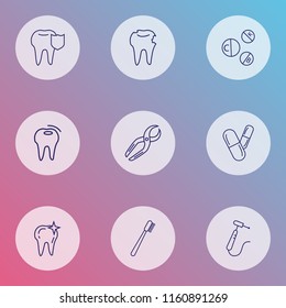 Enamel icons line style set with dental nippers, toothbrush, drill and other decay elements. Isolated vector illustration enamel icons.
