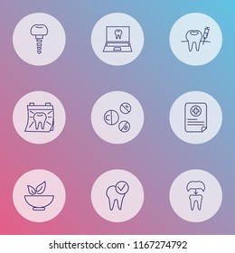 Enamel icons line style set with online dentist, medical report, vitamins and other alumina elements. Isolated vector illustration enamel icons.