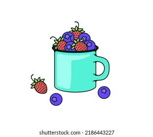 Enamel metal mug with wild strawberries and blueberry, logo design. Strawberry, berry, fruit, food and meal, vector design and illustration