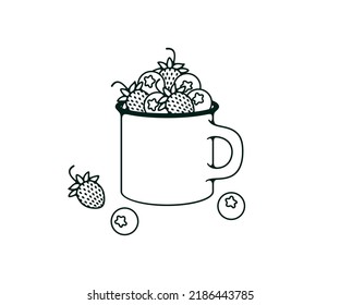 Enamel metal mug with wild strawberries and blueberry in outline, logo design. Strawberry, berry, fruit, food and meal, vector design and illustration