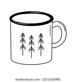 Enamel metal white and black mug with trees isolated on white background. Camping cup doodle. Vector monochrome illustration.