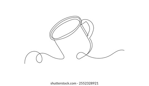 Enamel Mug , cup with mirrored rim, handle, isolated on background. Modern Minimalist One Line Drawing