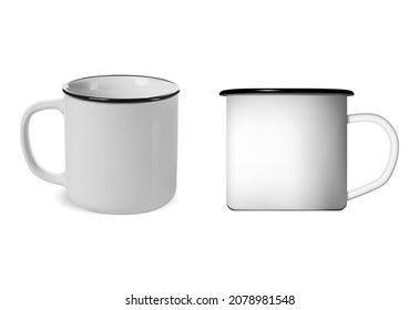 Enamel mug. Enamel metal camping cup vector blank. Vintage enamelware, retro coffee jar template with handle, realistic illustration. Glossy white camping mug for hot drink