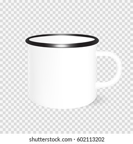 Enamel Mug Mock Up. Vector Template.  White Cup Isolated On Transparent Background.