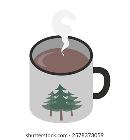 Enamel mug with tree pattern and sweet hot drink cartoon illustration