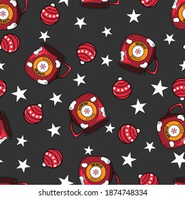 Enamel Mugs and Christmas  ornaments Vector Seamless Pattern