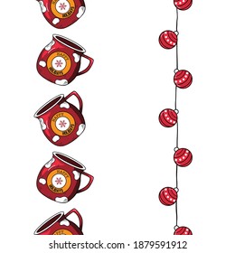 Enamel Mugs and Christmas Ornaments Vector Seamless vertical Borders Set