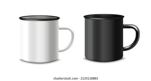 Enamel mugs or cups photorealistic template in black and white colors with place for branding identity, realistic vector illustration isolated on white background.