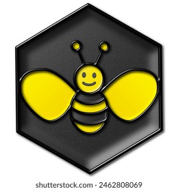 Enamel pin, badget honey bee on black polygon. Vector illustration.