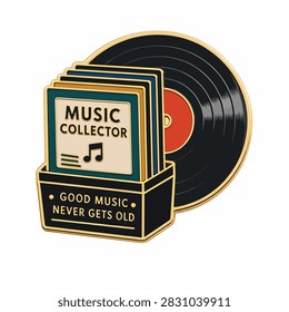 Enamel pin featuring vinyl record and music collector theme with retro design