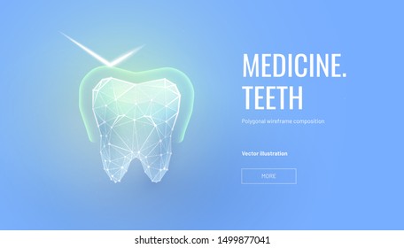 Enamel protection low poly wireframe landing page template. Volumetric tooth polygonal illustration with glowing check mark. Stomatology clinic mesh art banner. Teeth treatment homepage design