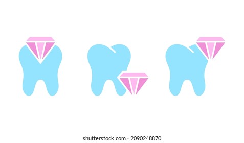 Enamel protection, silhouette icons set. Color simple vector of strengthening teeth. Tooth with diamond. Contour isolated pictogram on white background