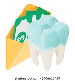 Enamel restoration icon isometric vector. Shiny healthy human tooth and money. Dentistry, healthcare concept