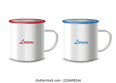 Enamel tin white mug or cup templates set, realistic vector illustration isolated on white background. Mockup of drink enamel mug with color with colored rim.