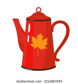 Enameled red coffee pot with a maple leaf. Illustrated vector element.