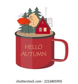 Enameled red mug with autumn landscape and greeting HELLO AUTUMN. Illustrated vector element.