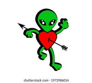 Enamored alien and heart with an arrow on a white background. Cartoon. Vector illustration.