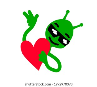 Enamored alien and heart on a white background. Cartoon. Vector illustration.