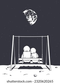 Enamored astronauts swinging on a seesaw at the Moon