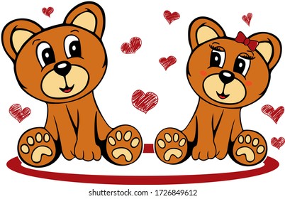 Enamored bears.Vector template for design T-shirts. Fashion graphic for apparel. Character image bear for children's magazines and preschool institutions. 