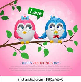Enamored birds sit on a tree branch. a boy gives berries to a girl.  