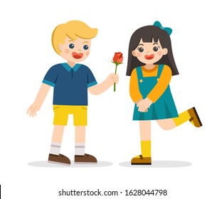 An enamored boy is giving a rose to girl. Little boy in love giving cute girl. Couple propose with flower. Couple on romantic date. svg