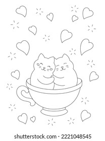 Enamored cats in a cup. Coloring book page for kids. Valentine's Day. Cartoon style character. Vector illustration isolated on white background.