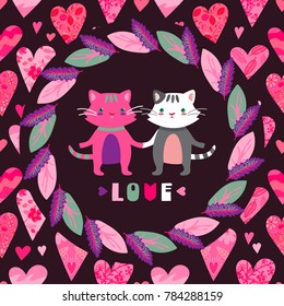 Enamored cats in a frame made of leaves. Background of hearts. Seamless pattern. Greeting card for St. Valentine's Day.