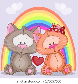 Enamored cats on a background of rainbow