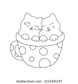 Enamored cats are sitting in a cup. Coloring book page for kids. Valentine's Day. Cartoon style character. Vector illustration isolated on white background.