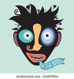 Enamored clown with sun sea summer banner.