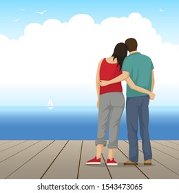 Enamored couple embrace and stand on the pier and look into the distance of the sea. Love Story. Vector Illustration