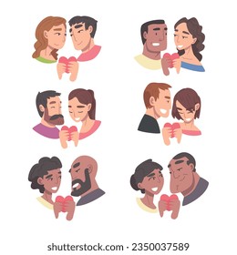 Enamored Couple in Love Holding Heart Feeling Devotion Vector Set