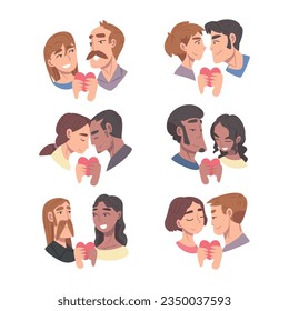 Enamored Couple in Love Holding Heart Feeling Devotion Vector Set