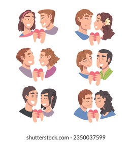 Enamored Couple in Love Holding Heart Feeling Devotion Vector Set