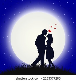 Enamored couple with Moon on the night sky background, illustration.